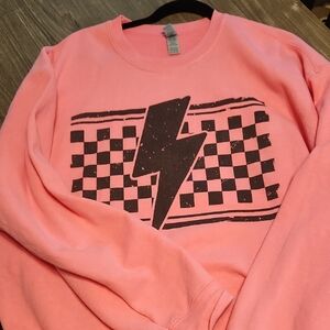 Gildan Pink Crewneck Sweatshirt with Black Lightning & Checkered Graphic